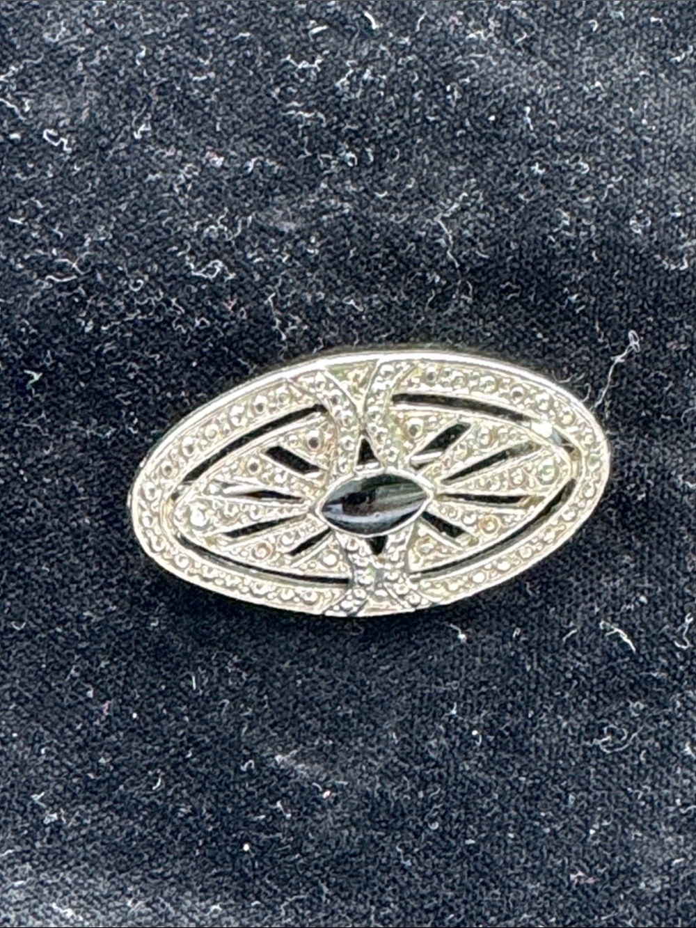 Vintage Silver-Tone Oval Brooch with Black Cabochon
